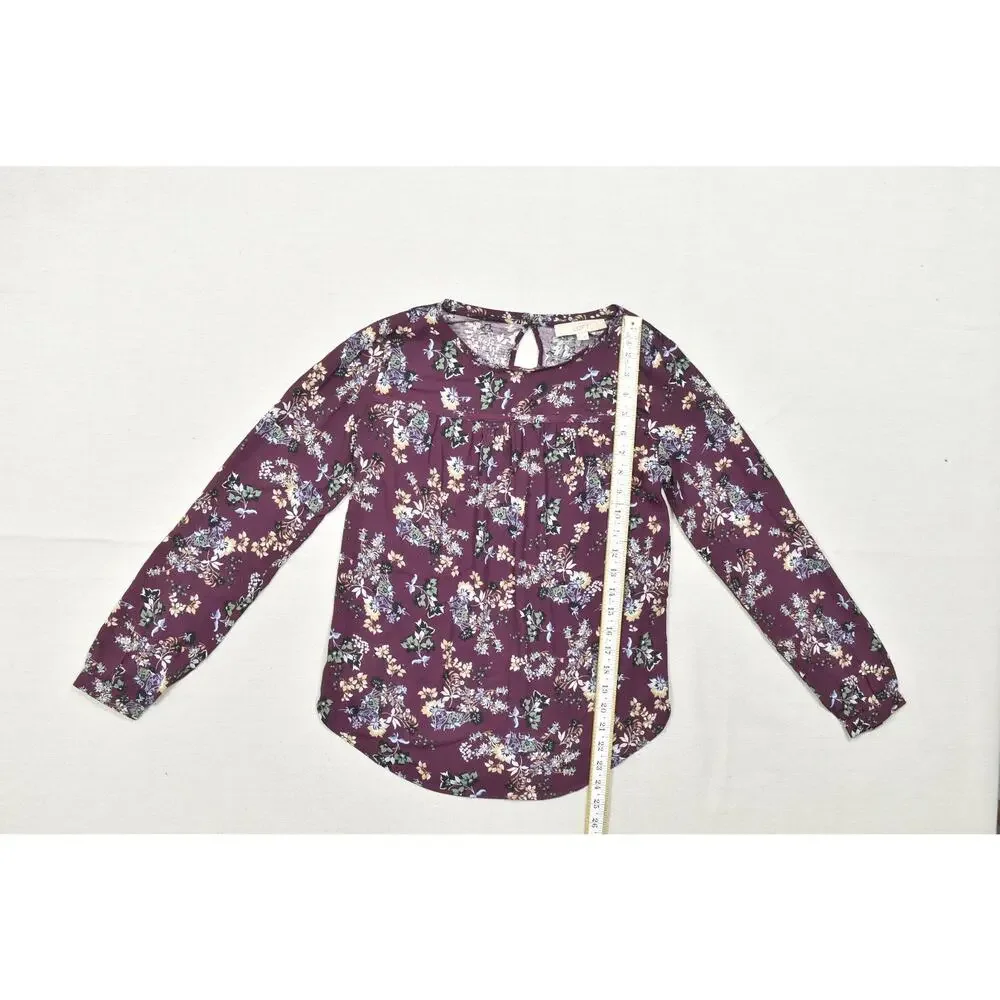 LOFT Women XS Purple Floral Long Sleeve Blouse Pleated Rayon Keyhole Back